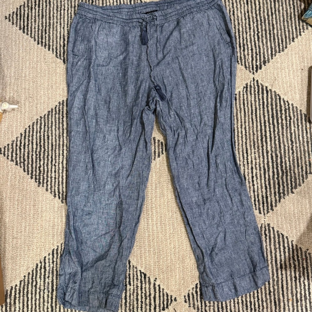 Talbots Women Blue 100% Linen Drawstring Straight Leg Pants Size 16WP Petite